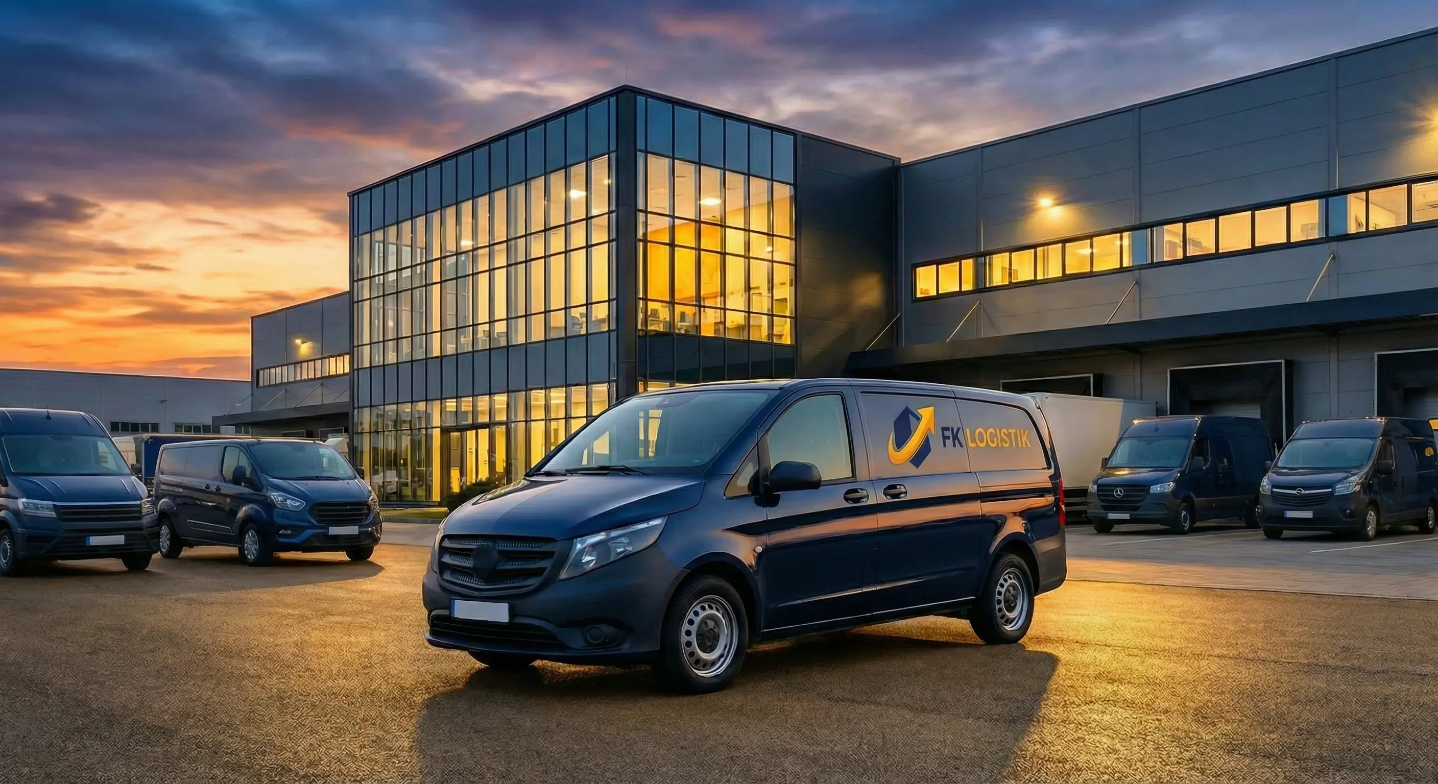 Ein LKW der FK Logistik fährt auf einer Autobahn bei Sonnenuntergang.